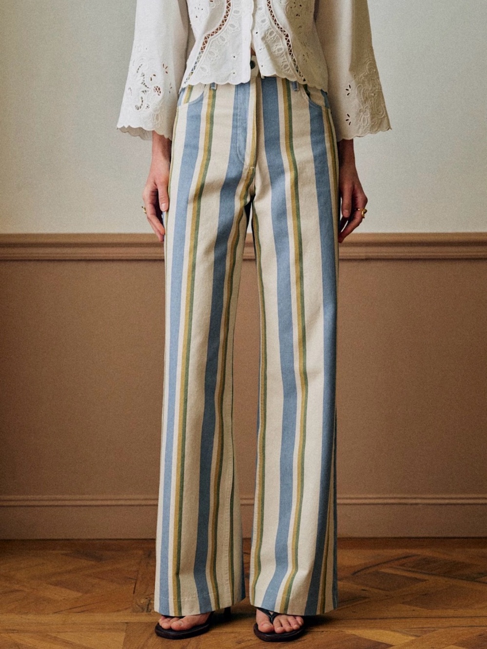 Sezane Soan Trousers Blue Ecru Yellow Stripes - Size 6